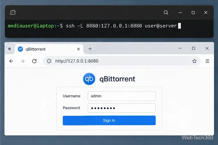 SSH forwarding command above a local qBittorrent login page.