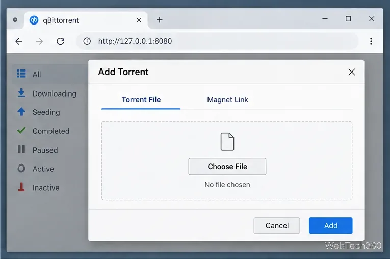 Add Torrent dialog with file upload and Magnet Link options.