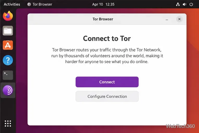 Al primo avvio di Tor Browser, viene visualizzata la finestra "Connetti a Tor" con i pulsanti "Connetti" e "Configura connessione".