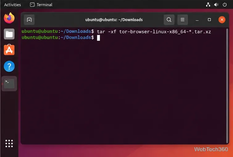 Estrazione dell'archivio di Tor Browser tramite il comando tar dal Terminale di Ubuntu.