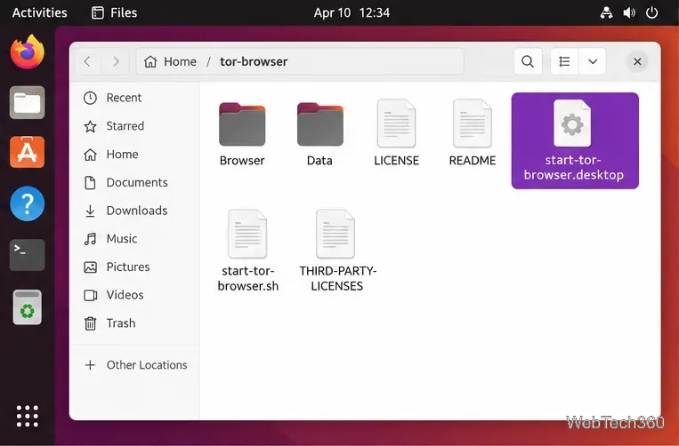File di Ubuntu che mostrano il launcher start-tor-browser.desktop selezionato all'interno della cartella tor-browser.
