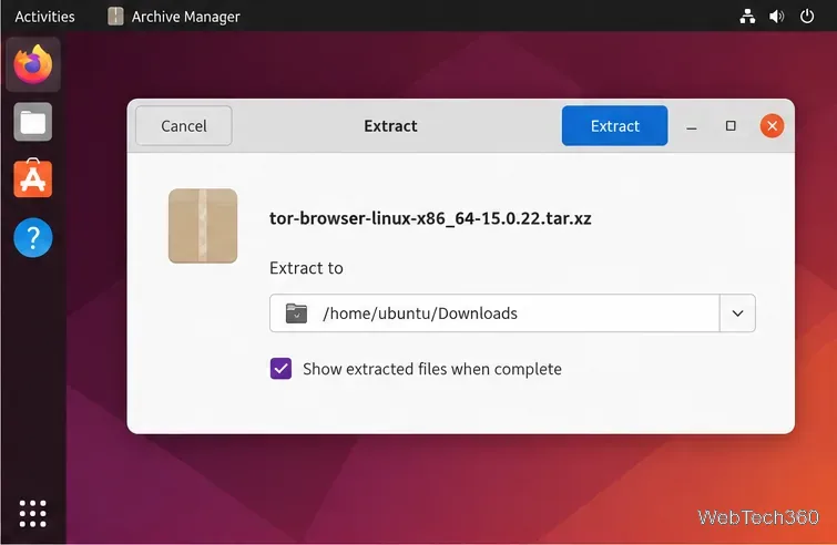 Finestra di dialogo di estrazione di Ubuntu Archive Manager per l'archivio Tor Browser Linux con l'opzione Download selezionata.