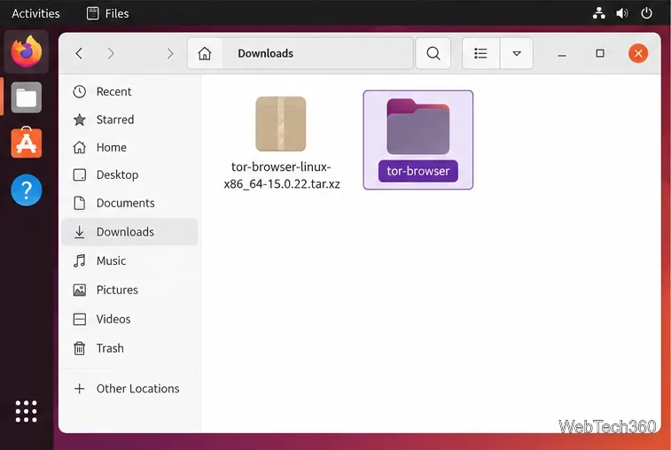 File di Ubuntu che mostrano l'archivio di Tor Browser e la cartella tor-browser estratta nella cartella Download.