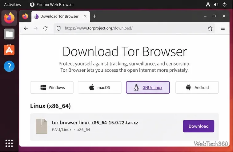 Pagina di download del Tor Project con GNU/Linux selezionato e archivio di Tor Browser x86_64 elencato.