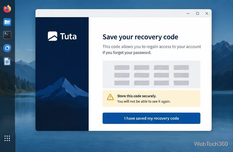 Tuta recovery-code screen with the code obscured and a secure-storage reminder.