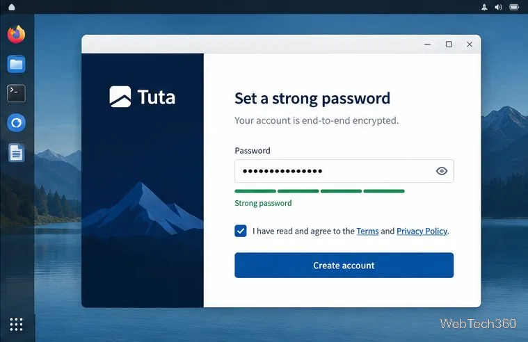 Tuta signup screen with a masked password field and a Terms and Privacy Policy checkbox.