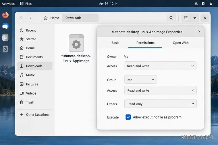 Linux file properties window with “Allow executing file as program” checked for the downloaded AppImage.