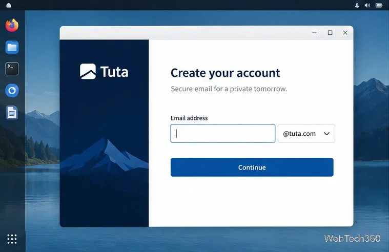 Tuta signup screen showing an empty email address field and a domain selector.
