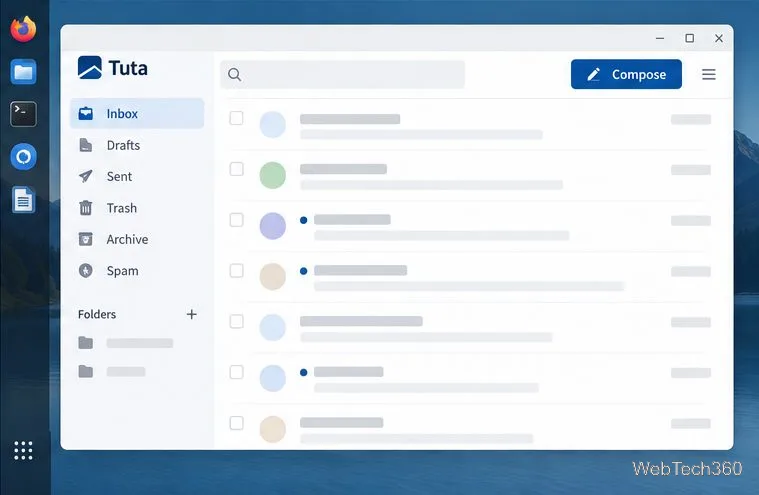 Tuta inbox with generic message rows and a Compose button.