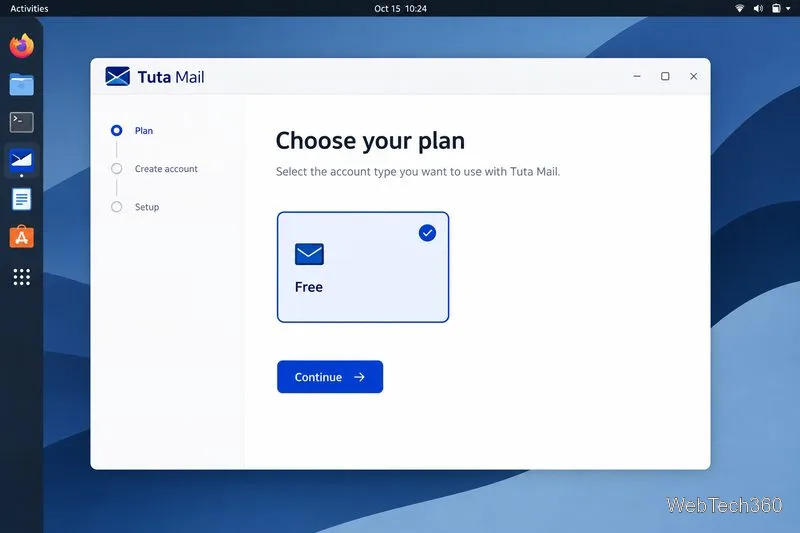 Tuta plan selection screen with the Free option selected and a Continue button.