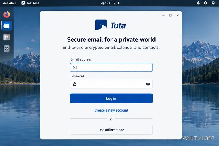 Tuta desktop sign-in window with a “Create a new account” link beneath the login button.
