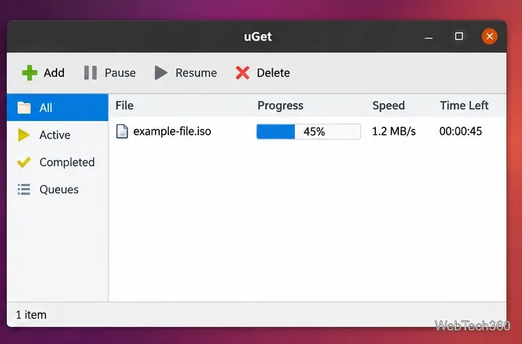 uGetダウンロードマネージャーウィンドウに、ダウンロードキューで処理中のISOファイルの例が表示されています。