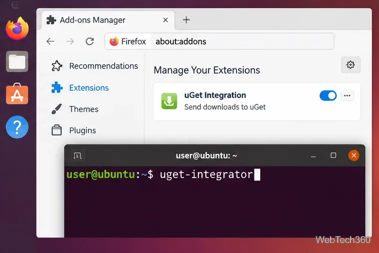 FirefoxアドオンマネージャーにuGet統合が有効になっていることが表示され、その横にuget-integratorコマンドが表示されたLinuxターミナルが表示されている。