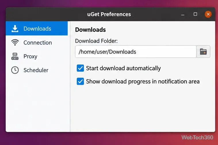 uGetの設定ウィンドウには、デフォルトのダウンロードフォルダと基本的なダウンロードオプションが表示されます。
