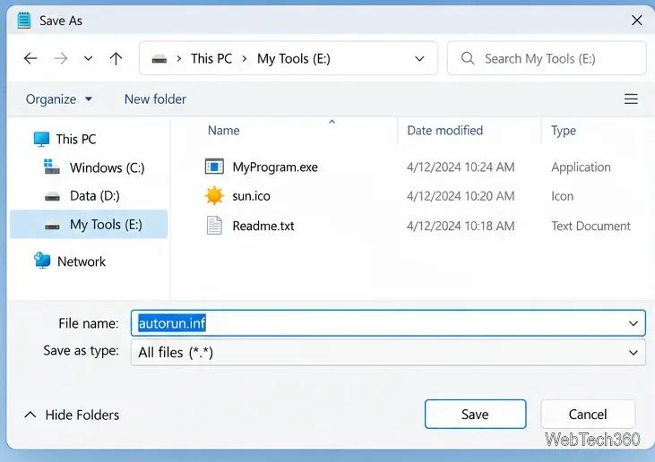 La boîte de dialogue « Enregistrer sous » de Windows est configurée pour sélectionner autorun.inf sur la clé USB, avec l'option « Type de fichier » définie sur « Tous les fichiers ».