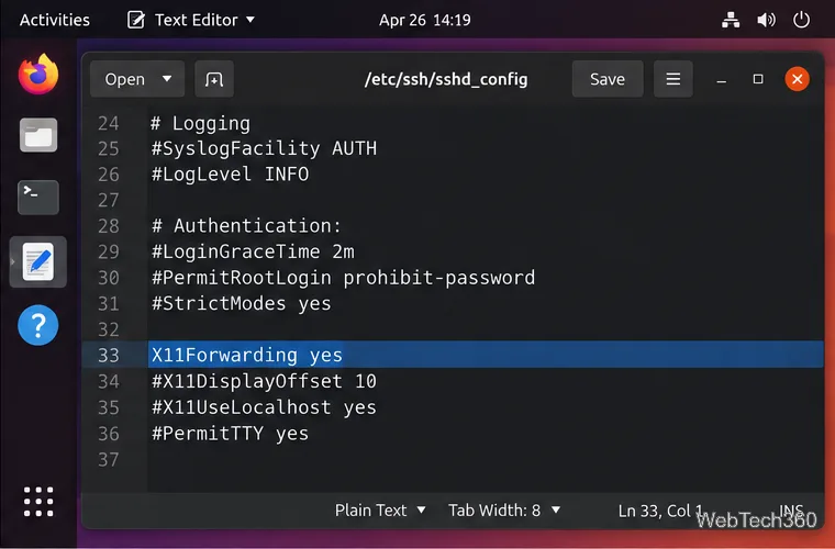 SSH server configuration with the active X11Forwarding yes directive