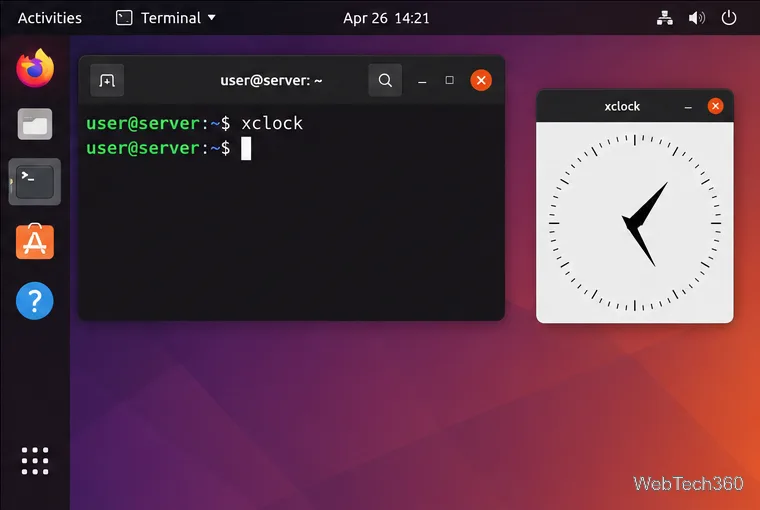 Remote xclock application displayed beside the SSH terminal on a Linux desktop