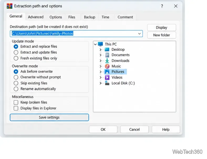 Nella scheda Generale di WinRAR è visibile il pulsante Salva impostazioni in basso.