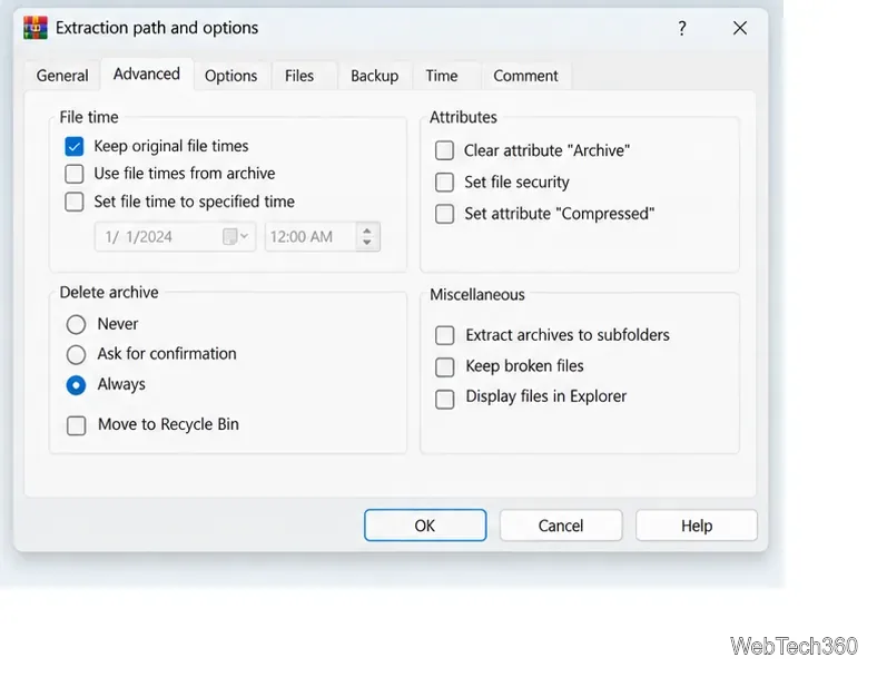 Scheda Avanzate di WinRAR che mostra le opzioni Elimina archivio con Sempre selezionato e Sposta nel Cestino deselezionato