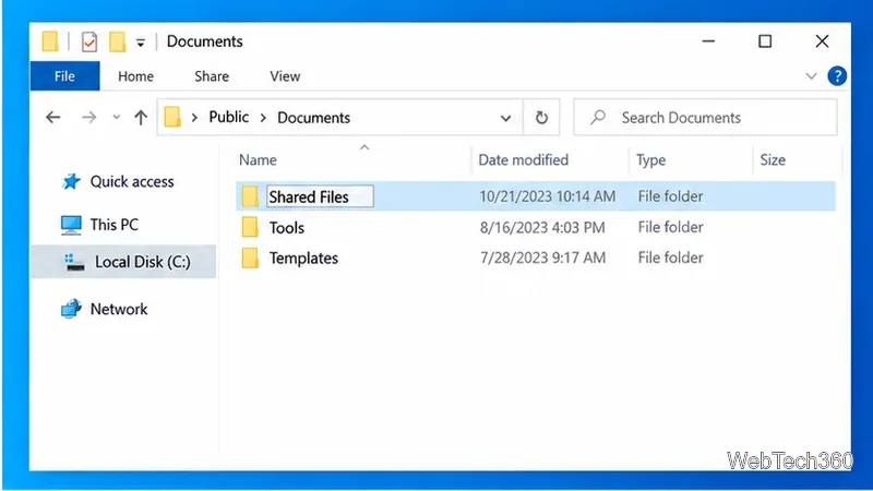 Папка «Общие документы» в Windows 10 с новой папкой «Общие файлы».
