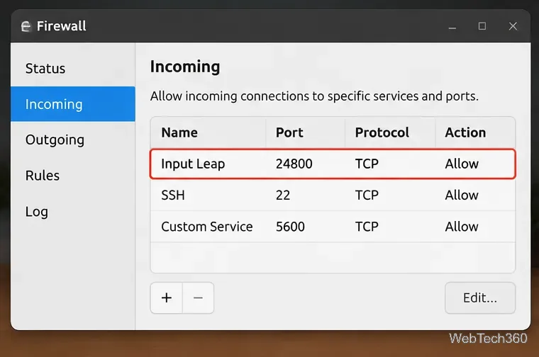 Configuration du pare-feu Linux affichant une règle d'autorisation pour le port TCP 24800