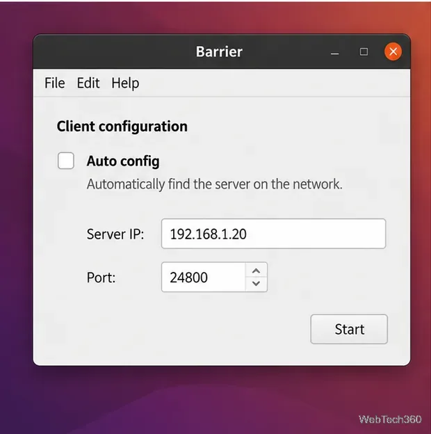 Configuration du client de barrière avec la découverte automatique désactivée et une adresse IP de serveur saisie