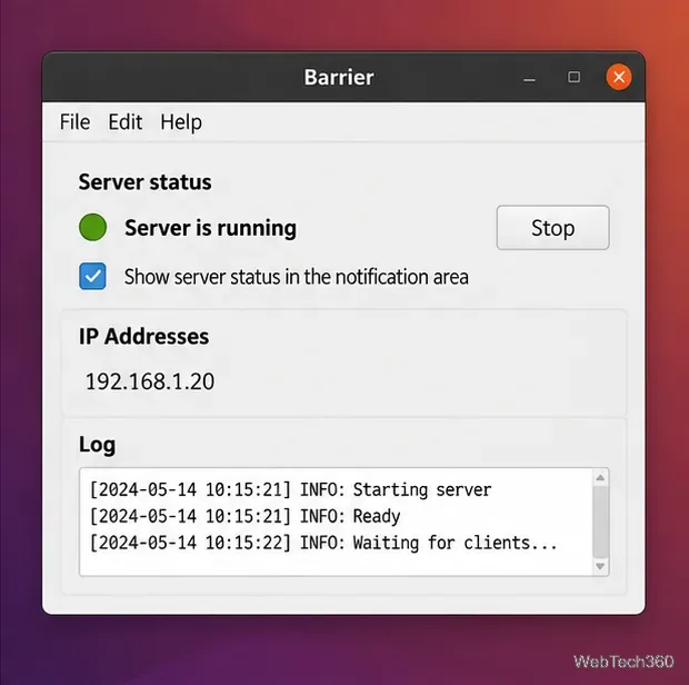 Fenêtre d'état du serveur de barrière indiquant que le serveur est en cours d'exécution et affichant une adresse IP LAN