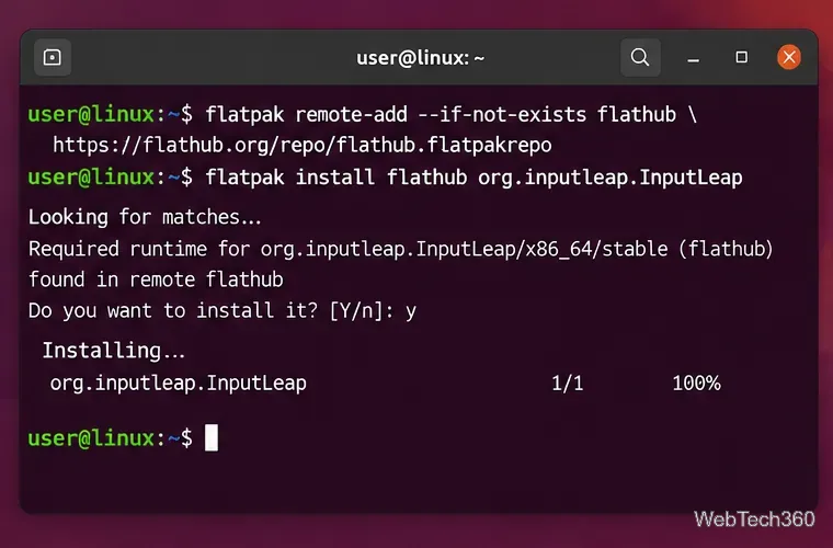 Terminal Linux affichant les commandes Flatpak pour l'installation d'une application de partage de clavier et de souris