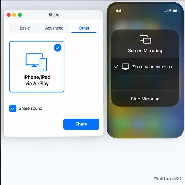 Вкладка «Общий доступ» для рабочего стола Zoom с iPhone через AirPlay и выбор параметра «Поделиться звуком» рядом с элементами управления «Зеркалирование экрана iPhone».