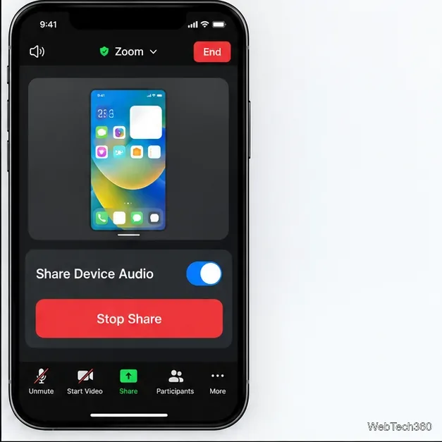 Страница демонстрации экрана iPhone Zoom с включенной функцией «Совместное использование звука устройства».