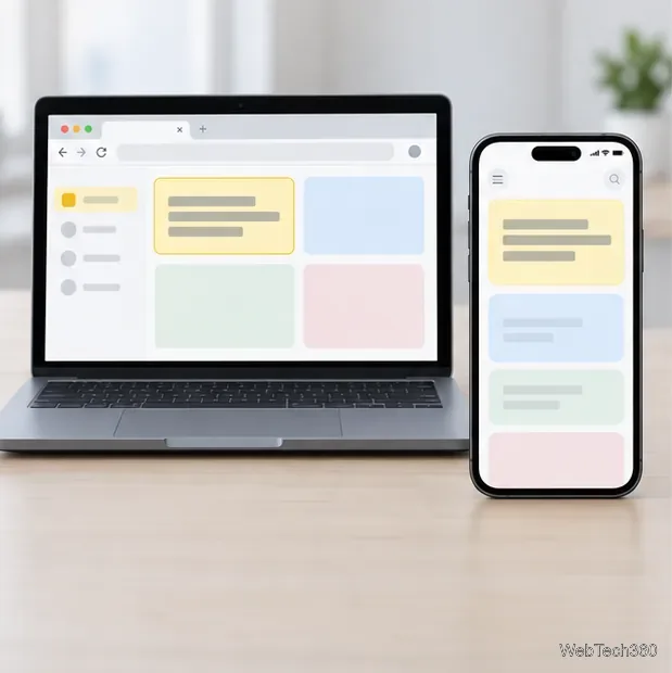 Un laptop e uno smartphone visualizzano la stessa scheda con il testo salvato.