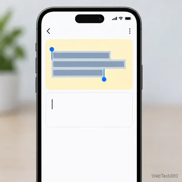 Sul telefono viene visualizzato il testo della nota selezionato sopra un campo vuoto, pronto per essere incollato.