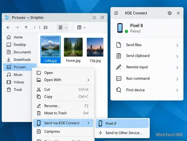 Dolphin, le gestionnaire de fichiers, affiche « Envoyer via KDE Connect » et un téléphone Android associé.