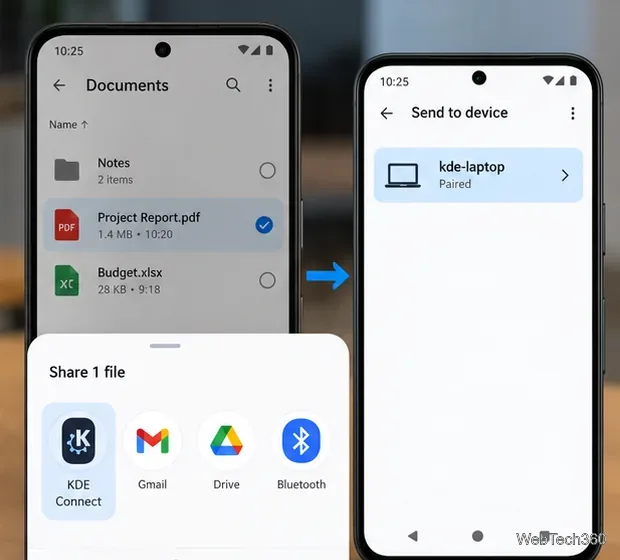 Feuille de partage Android avec KDE Connect sélectionné et un ordinateur portable Linux associé proposé comme destination