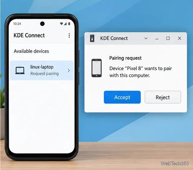 Demande de jumelage KDE Connect sur Android et bouton Accepter sur le bureau Linux