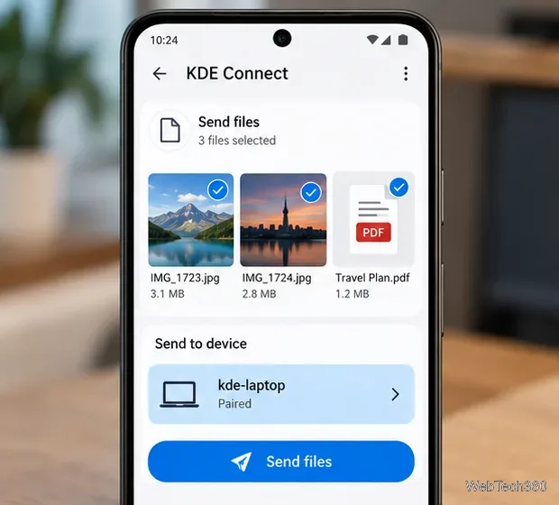 KDE Connect sur Android avec des photos sélectionnées et un PDF prêt à être envoyé à un ordinateur portable Linux associé