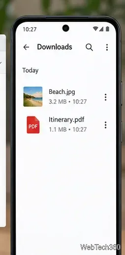 Le dossier Téléchargements d'Android affiche une image et un PDF reçus.