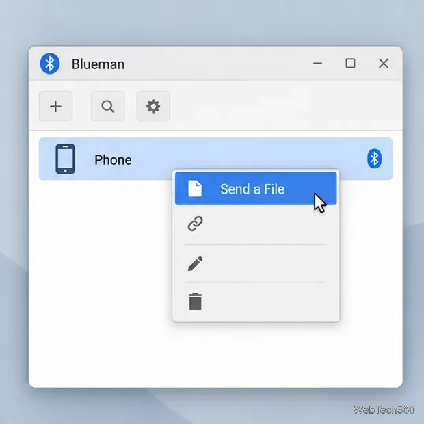 Blueman device manager with the paired phone selected and Send a File highlighted in its context menu