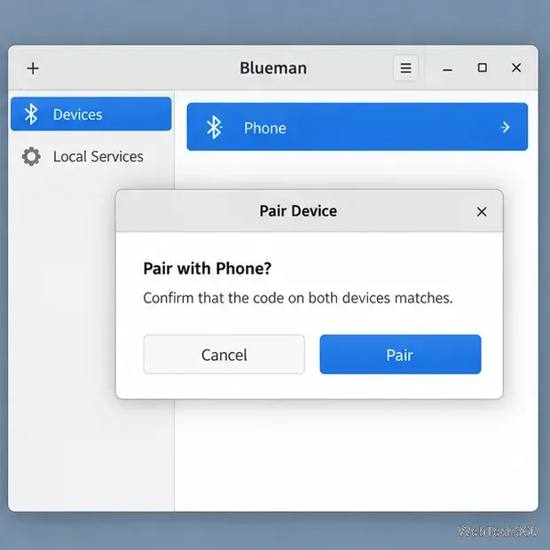 Blueman pairing dialog asking the user to confirm that the code matches on both devices