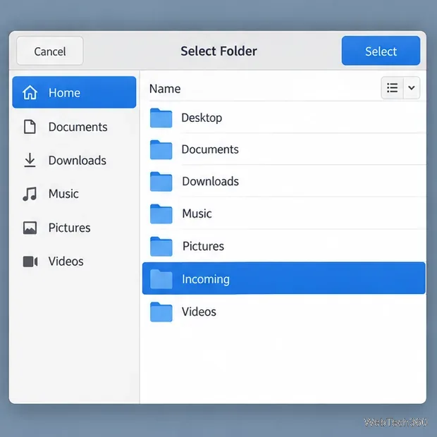 Folder chooser with an Incoming folder selected as the destination for Bluetooth files