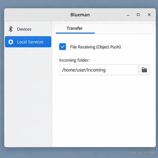 Blueman Local Services Transfer panel with File Receiving (Object Push) enabled and an incoming folder shown