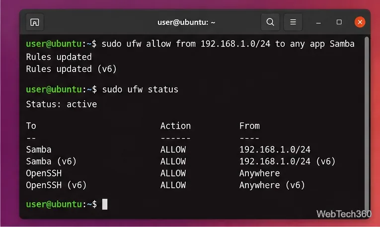 Ubuntu Terminal allowing the Samba UFW application profile from a local subnet