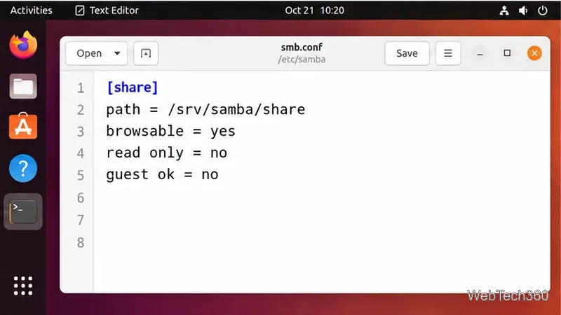 Ubuntu text editor showing the Shared Samba configuration block
