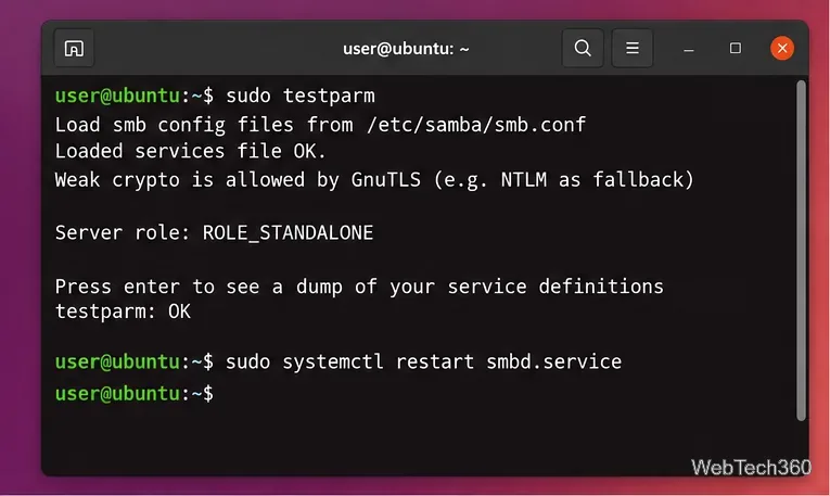 Ubuntu Terminal validating smb.conf with testparm and restarting smbd