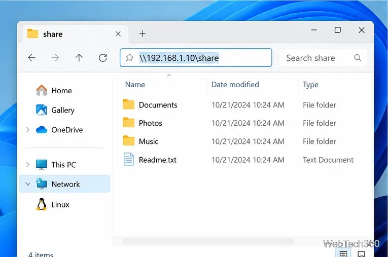Windows 11 File Explorer opening an Ubuntu Samba share by IP address