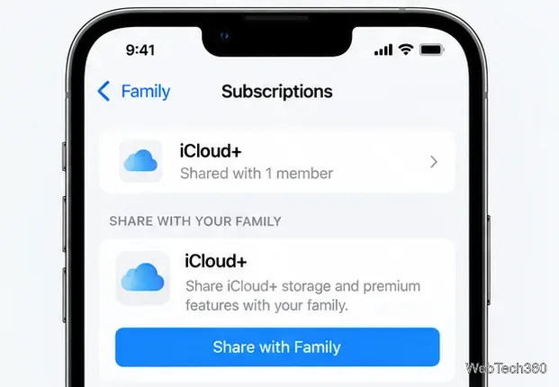 В настройках подписок iPhone отображается действие «Поделиться с семьей через iCloud+».