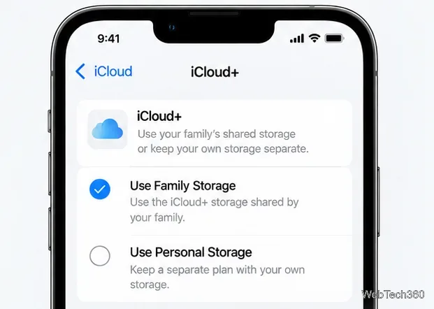 В настройках iCloud+ на iPhone есть пункты «Использовать семейное хранилище» или «Использовать личное хранилище».