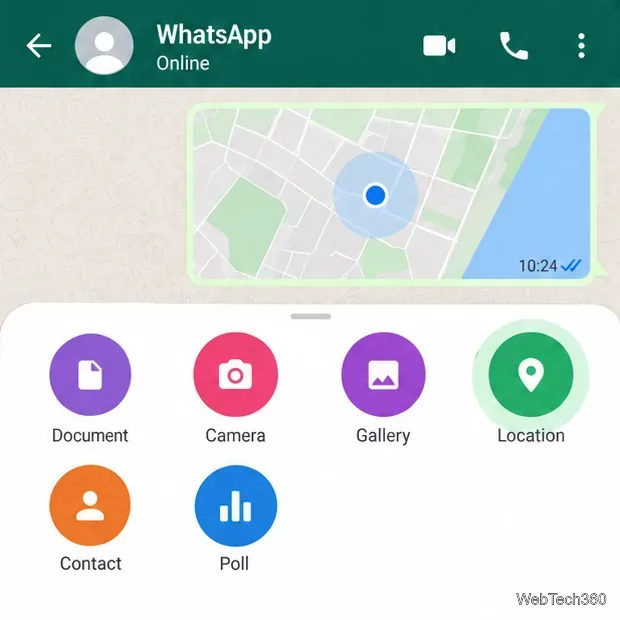 محادثة واتساب مع تحديد خيار الموقع في قائمة المرفقات.