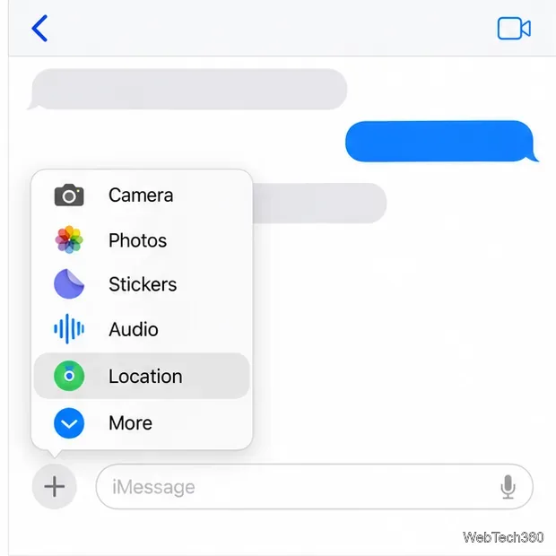 محادثة رسائل iPhone مع فتح قائمة الزائد وتحديد الموقع.