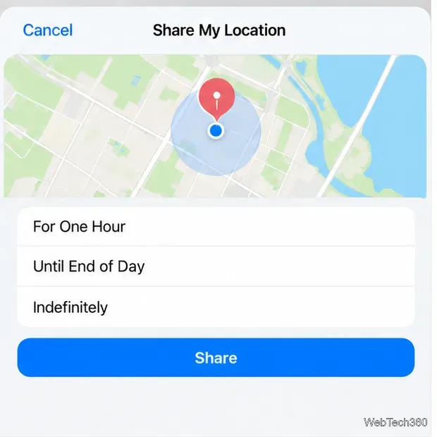 شاشة مشاركة موقعي على جهاز iPhone مع خريطة، وخيارات المدة، وزر المشاركة.